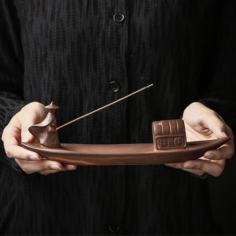 Fisherman Fishing Boat Bamboo Person Hand Lotus Spiritual Ceramic Stick Incense Burner Decoration