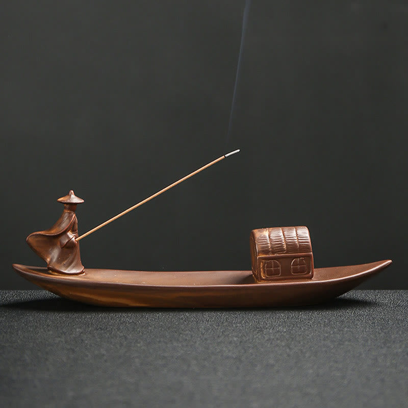Fisherman Fishing Boat Bamboo Person Hand Lotus Spiritual Ceramic Stick Incense Burner Decoration