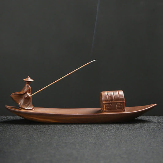 Fisherman Fishing Boat Bamboo Person Hand Lotus Spiritual Ceramic Stick Incense Burner Decoration