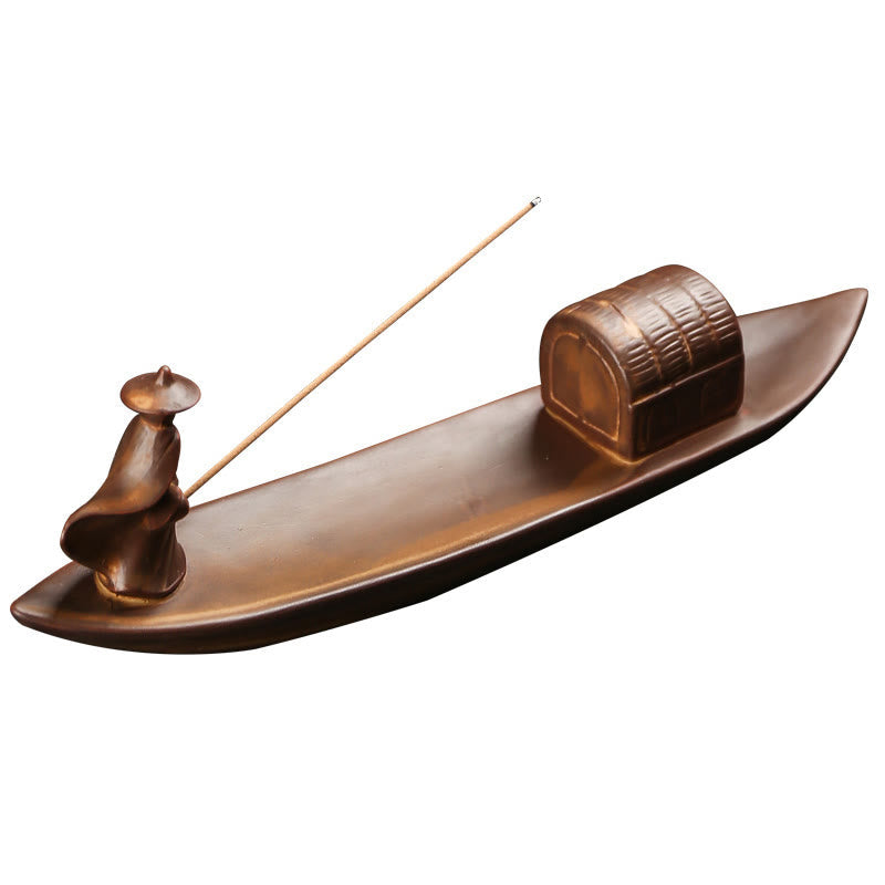Fisherman Fishing Boat Bamboo Person Hand Lotus Spiritual Ceramic Stick Incense Burner Decoration