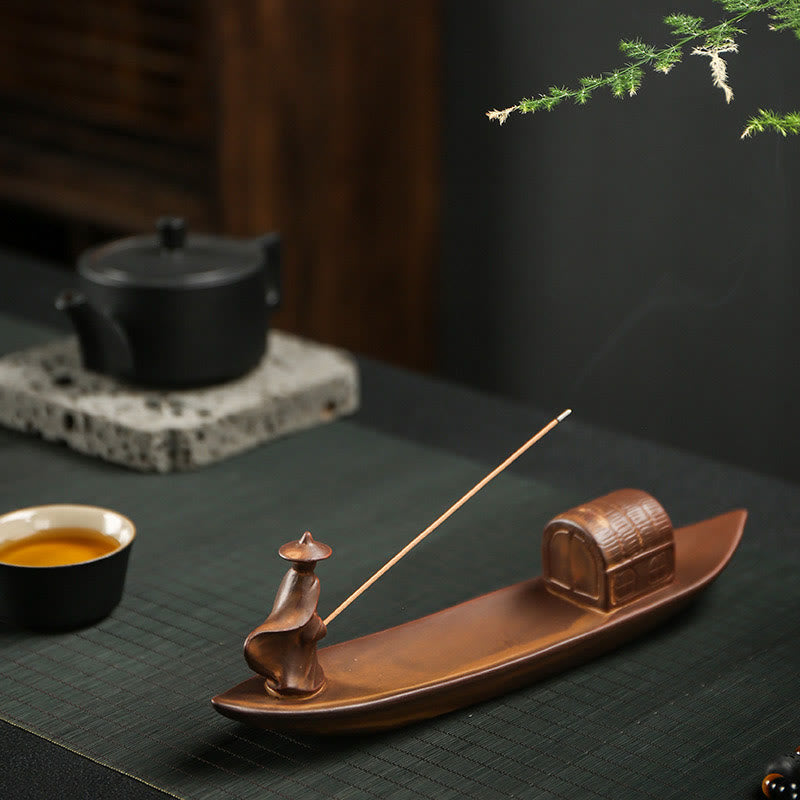 Fisherman Fishing Boat Bamboo Person Hand Lotus Spiritual Ceramic Stick Incense Burner Decoration