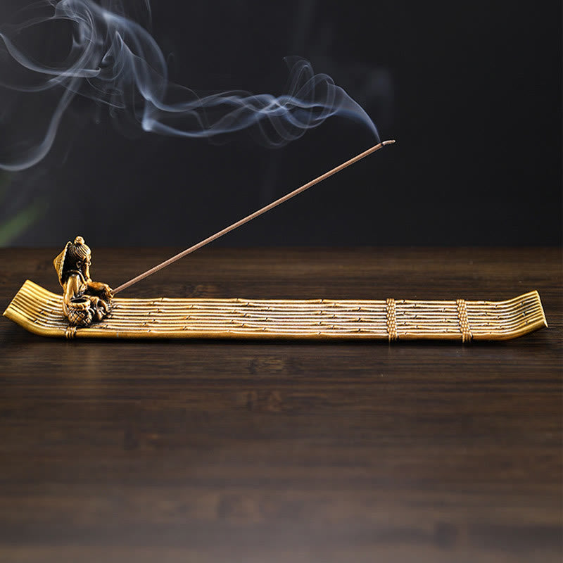 Fisherman Bamboo Fishing Boat Alloy Incense Stick Holder Incense Burner Decoration