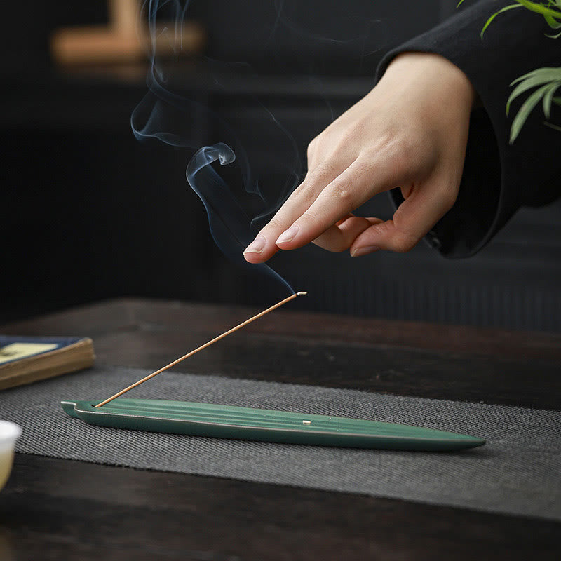 Green Bamboo Leaf Ceramic Incense Burner Decoration