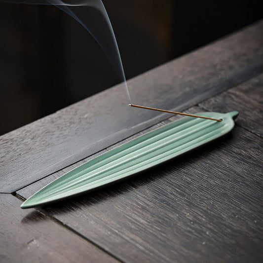 Green Bamboo Leaf Ceramic Incense Burner Decoration
