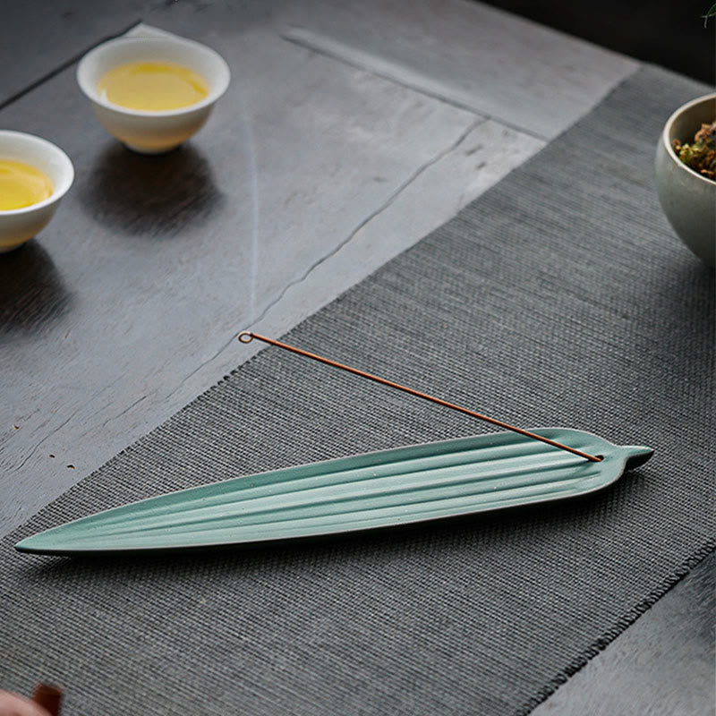 Green Bamboo Leaf Ceramic Incense Burner Decoration