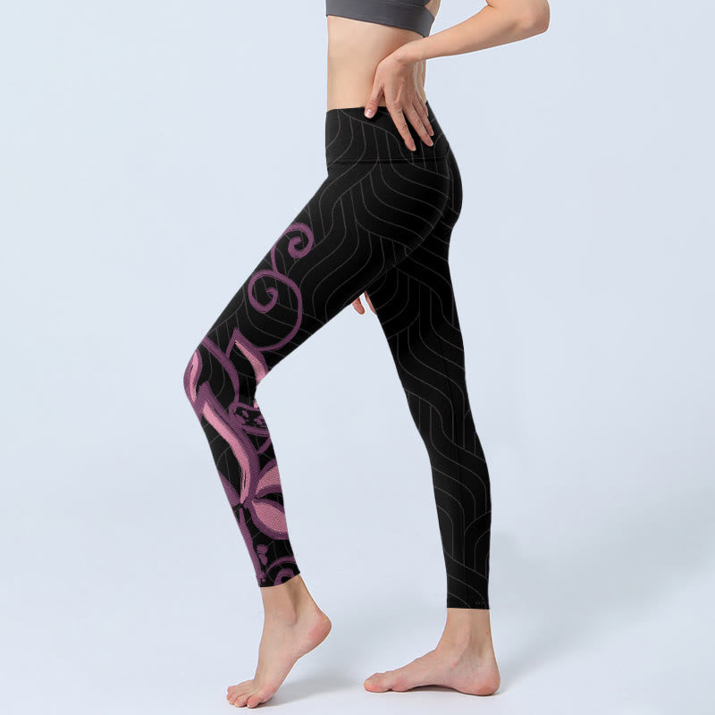 Black Pink Lotus Flower Print Gym Leggings Women's Yoga Pants