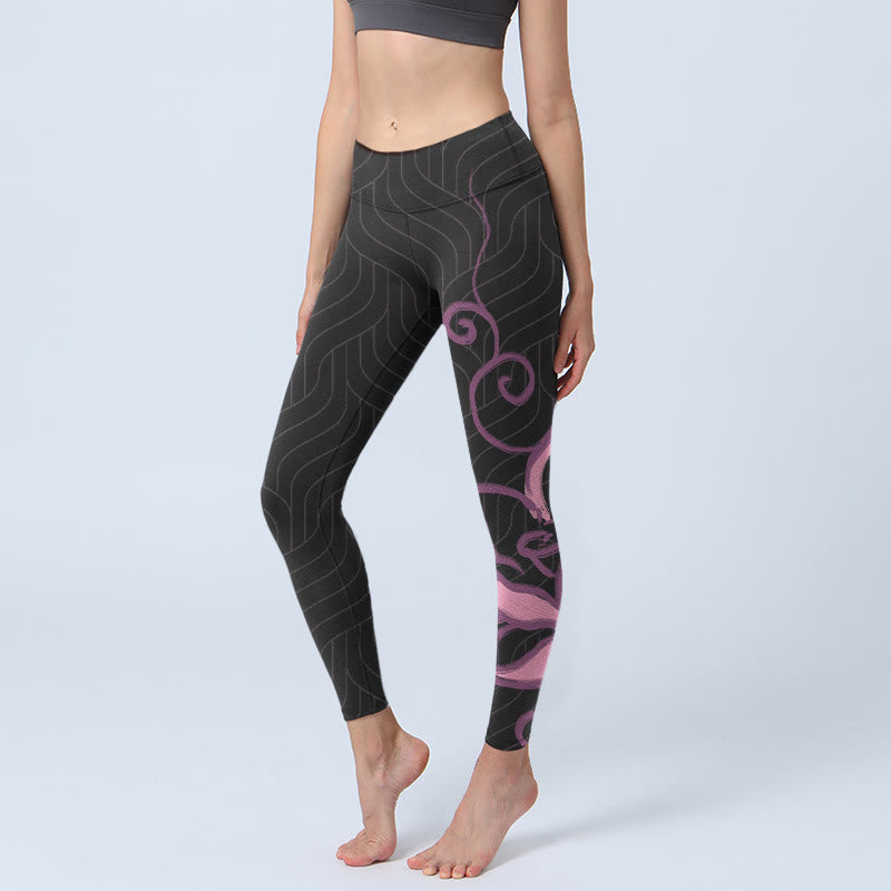 Black Pink Lotus Flower Print Gym Leggings Women's Yoga Pants