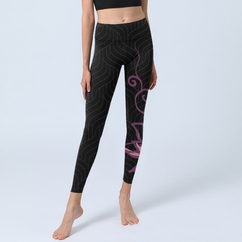 Black Pink Lotus Flower Print Gym Leggings Women's Yoga Pants