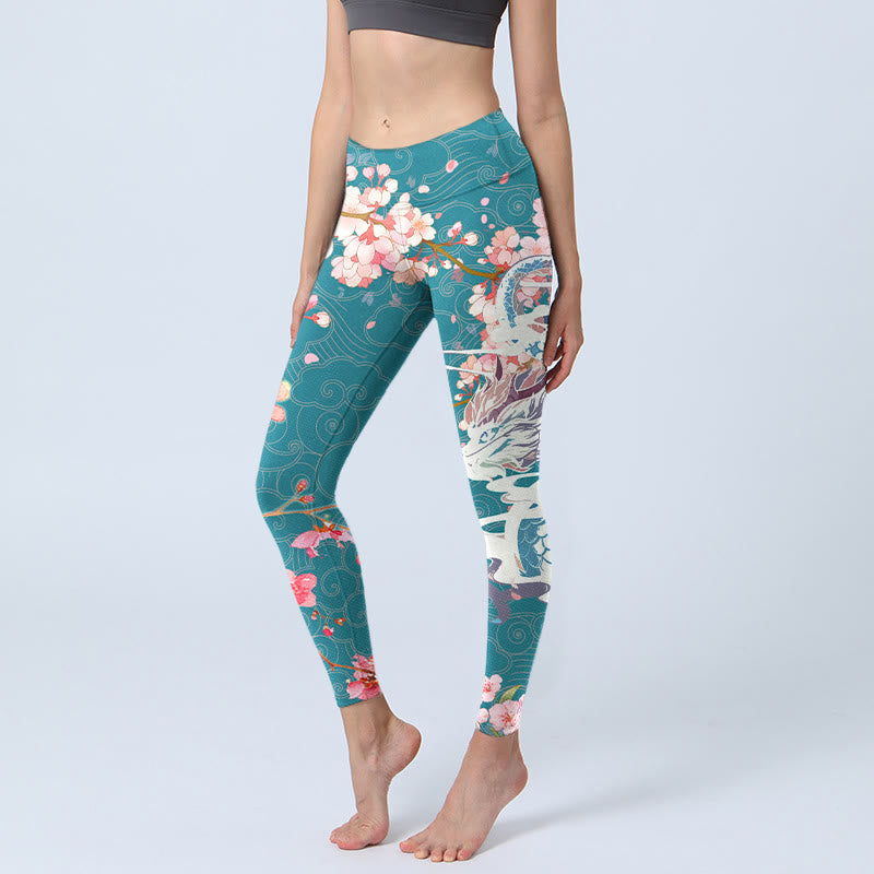 Dragon Cherry Blossoms Print Gym Leggings Women's Yoga Pants