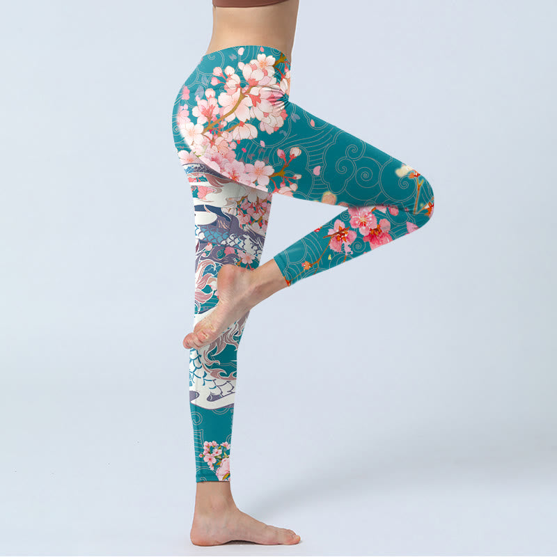 Dragon Cherry Blossoms Print Gym Leggings Women's Yoga Pants