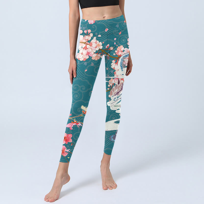 Dragon Cherry Blossoms Print Gym Leggings Women's Yoga Pants