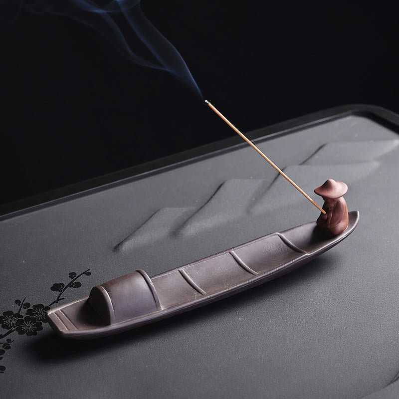 Fisherman Boat Purple Clay Peace Ceramic Stick Incense Burner Decoration