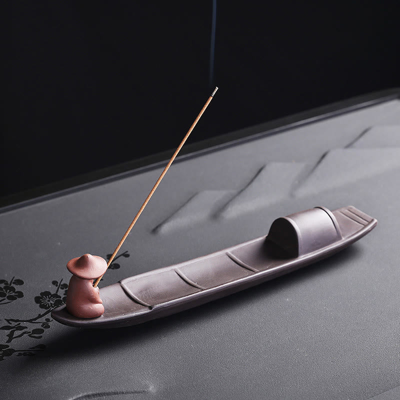 Fisherman Boat Purple Clay Peace Ceramic Stick Incense Burner Decoration