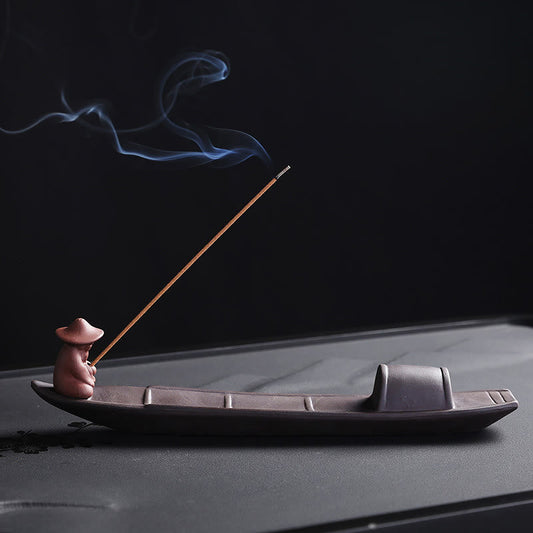 Fisherman Boat Purple Clay Peace Ceramic Stick Incense Burner Decoration