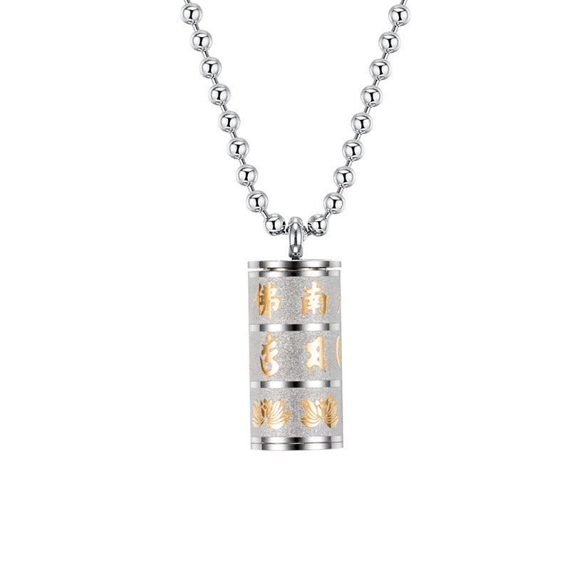 Tibetan Om Mani Padme Hum Lotus Pattern Prayer Wheel Titanium Steel Peace Necklace Pendant