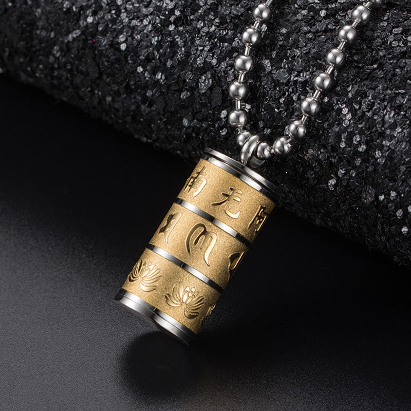 Tibetan Om Mani Padme Hum Lotus Pattern Prayer Wheel Titanium Steel Peace Necklace Pendant