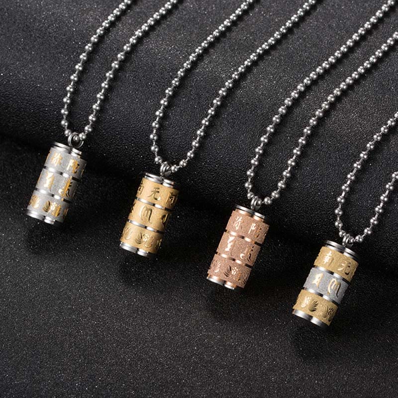 Tibetan Om Mani Padme Hum Lotus Pattern Prayer Wheel Titanium Steel Peace Necklace Pendant