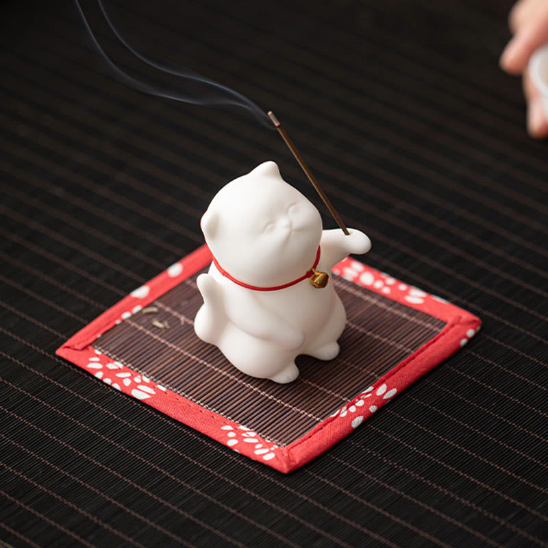 Cat Bell Bamboo Mat Ceramic Incense Burner Desk Decoration