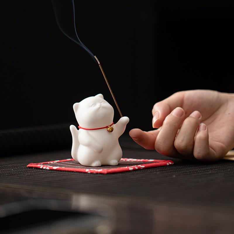 Cat Bell Bamboo Mat Ceramic Incense Burner Desk Decoration
