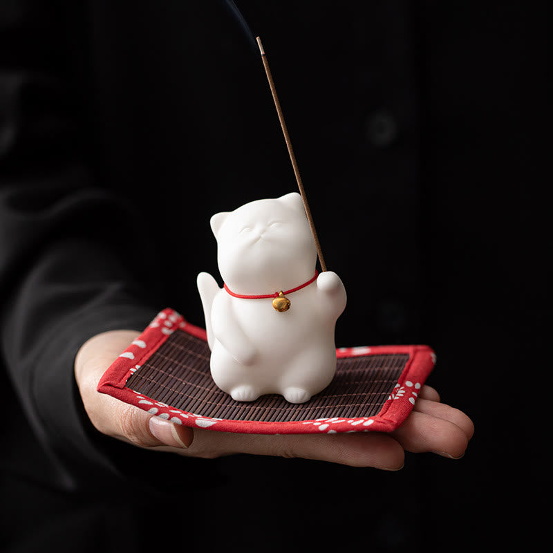 Cat Bell Bamboo Mat Ceramic Incense Burner Desk Decoration