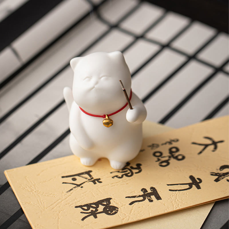 Cat Bell Bamboo Mat Ceramic Incense Burner Desk Decoration