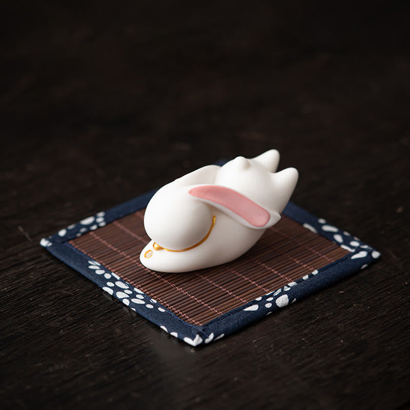 Flying Rabbit Bamboo Mat Ceramic Incense Burner Desk Decoration