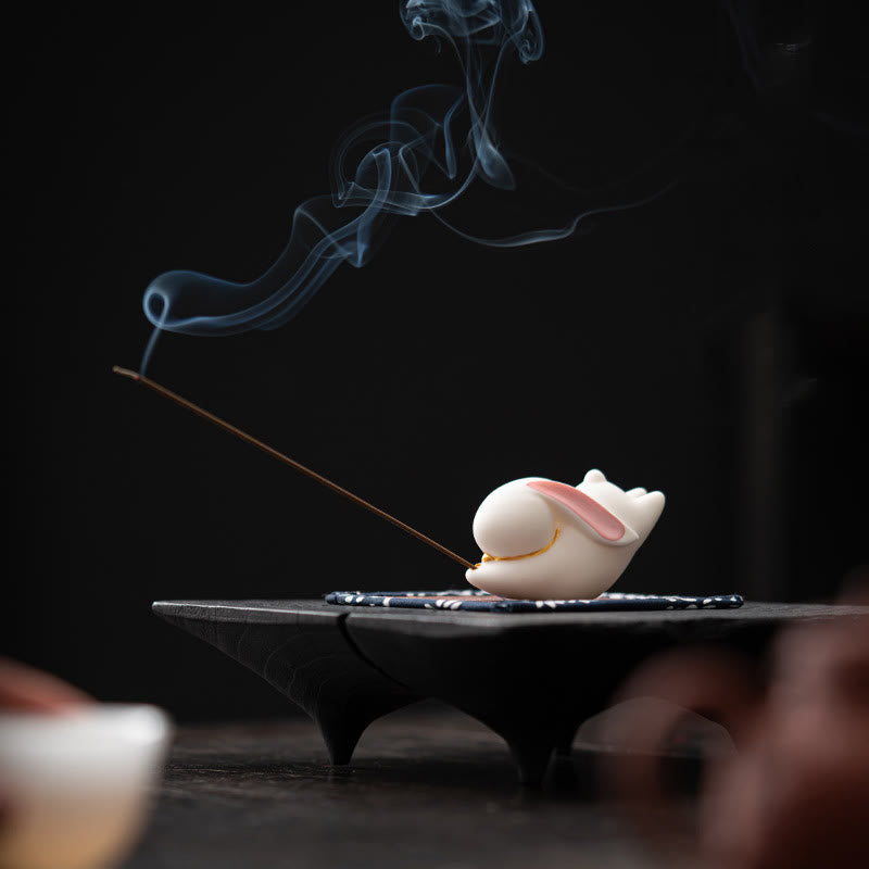 Flying Rabbit Bamboo Mat Ceramic Incense Burner Desk Decoration