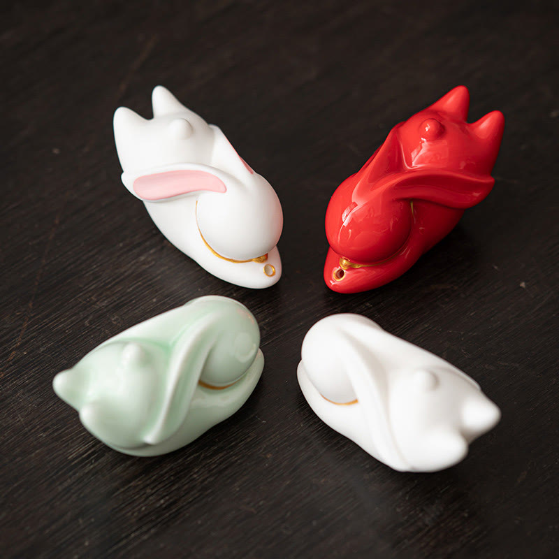 Flying Rabbit Bamboo Mat Ceramic Incense Burner Desk Decoration