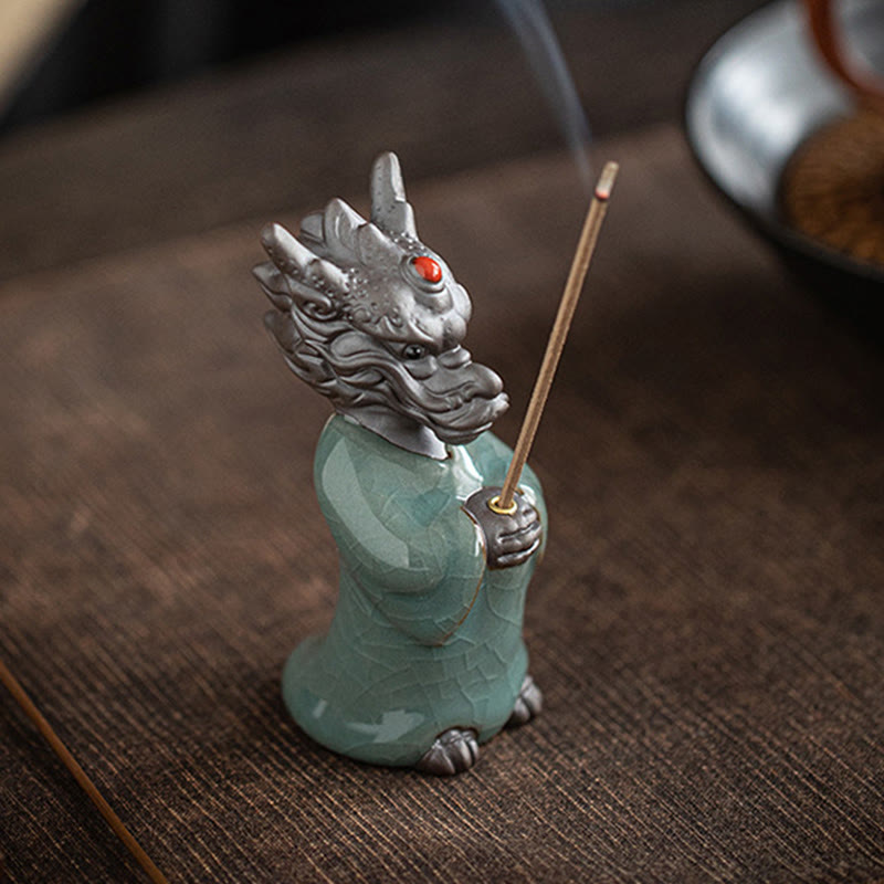 Praying Dragon King Lotus Base Fu Character Ceramic Incense Burner Desk Decoration