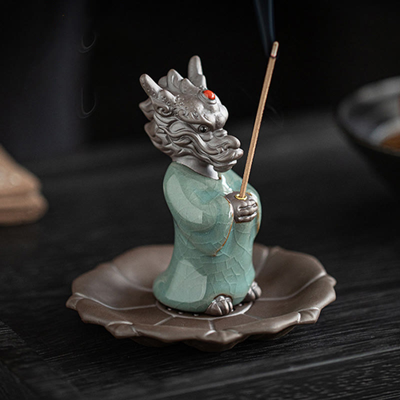 Praying Dragon King Lotus Base Fu Character Ceramic Incense Burner Desk Decoration