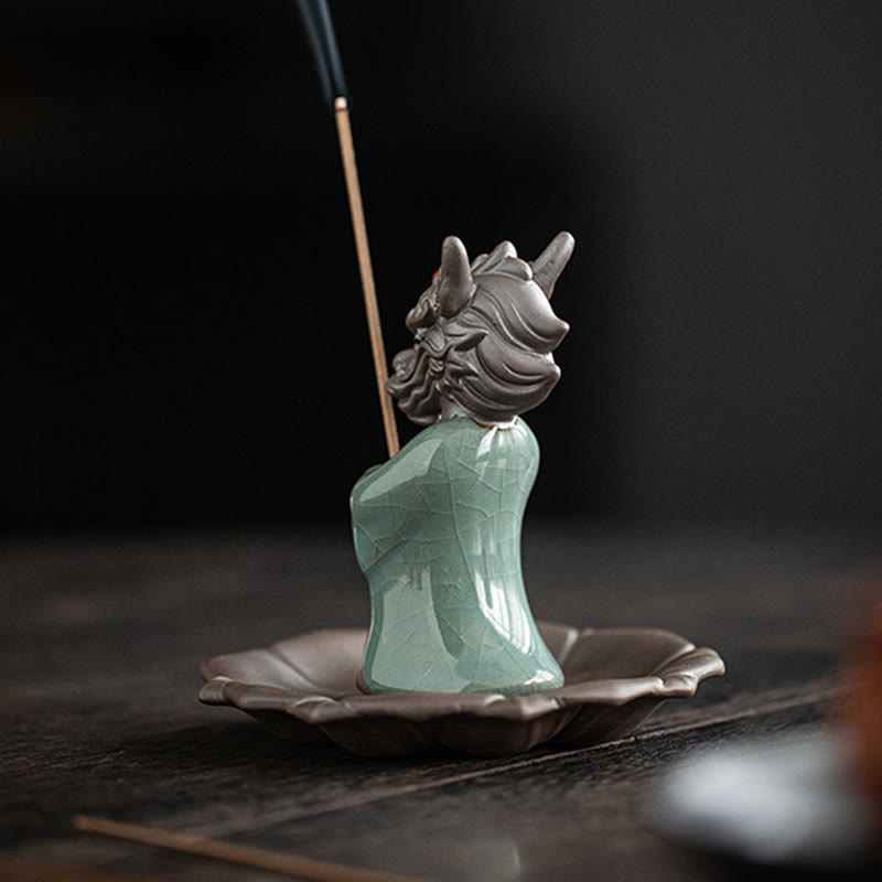 Praying Dragon King Lotus Base Fu Character Ceramic Incense Burner Desk Decoration