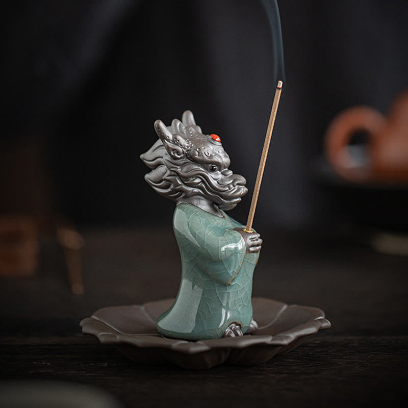 Praying Dragon King Lotus Base Fu Character Ceramic Incense Burner Desk Decoration