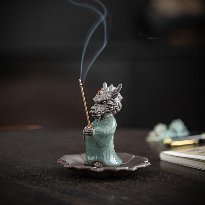 Praying Dragon King Lotus Base Fu Character Ceramic Incense Burner Desk Decoration