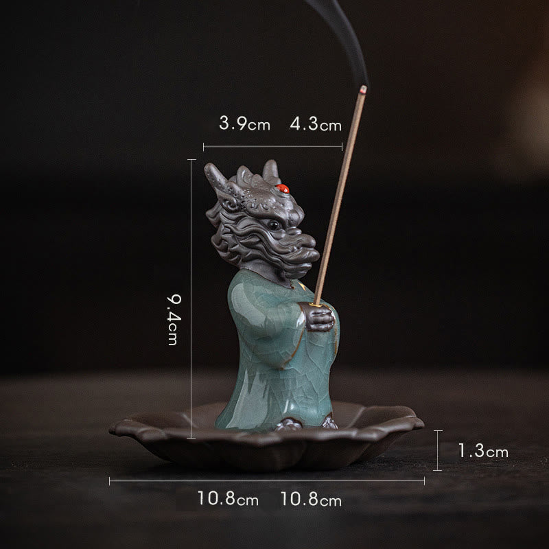 Praying Dragon King Lotus Base Fu Character Ceramic Incense Burner Desk Decoration