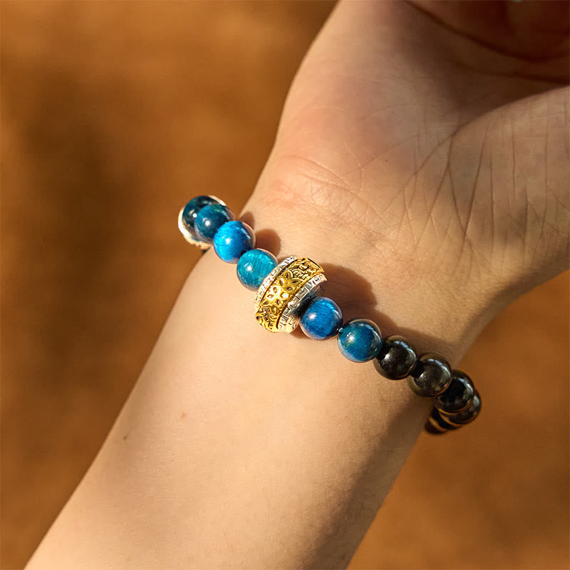 Silver Sheen Obsidian Blue Tiger Eye Om Mani Padme Hum Protection Bracelet