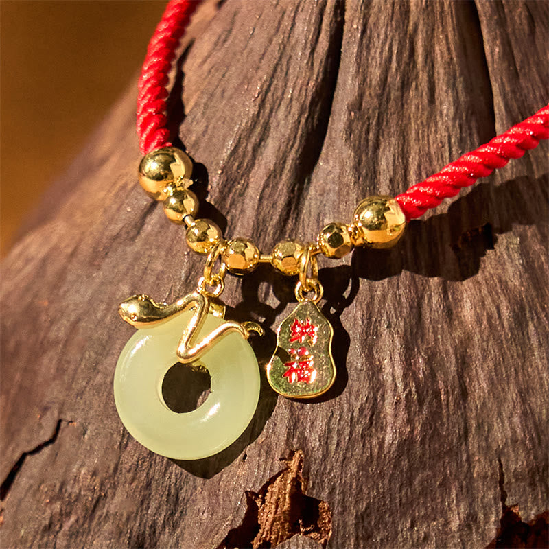 Copper Plated Gold Jade Peace Buckle Fu Character Year Of The Snake Red String Luck Bracelet