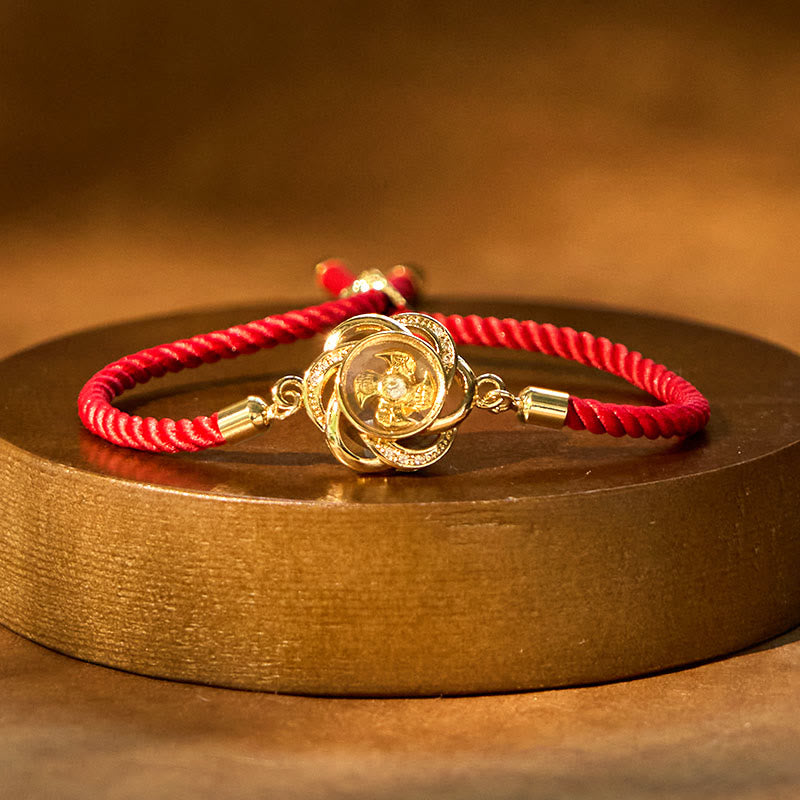 Rotatable Plum Red String Copper Brass Windmill Feng Sheng Shui Qi Protection Braided Bracelet