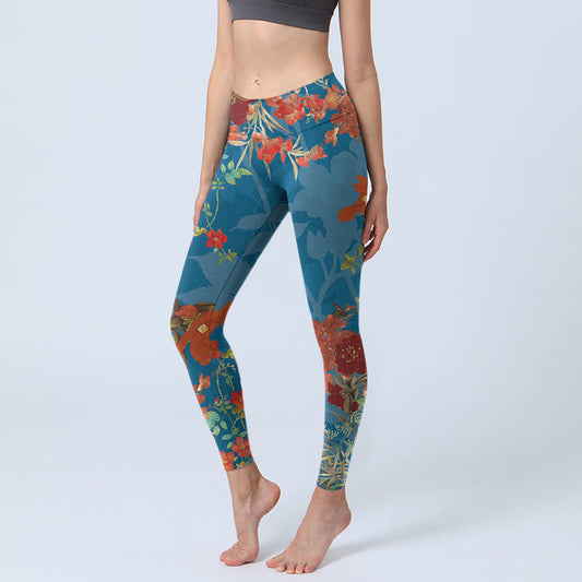 Blue Red Flowers Birds Print Gym Leggings Women's Yoga Pants