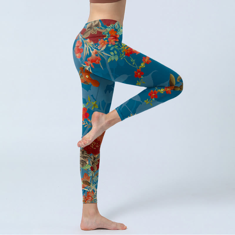 Blue Red Flowers Birds Print Gym Leggings Women's Yoga Pants
