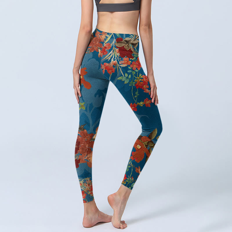 Blue Red Flowers Birds Print Gym Leggings Women's Yoga Pants