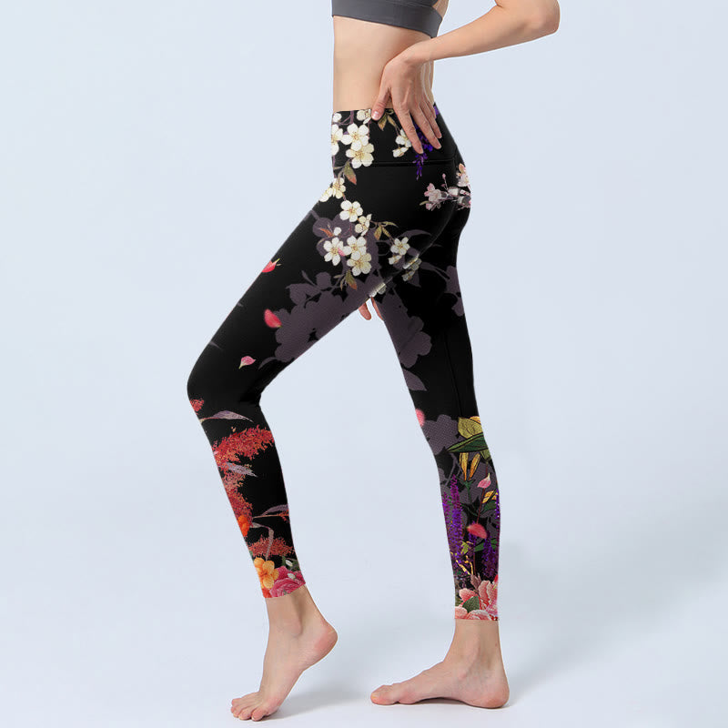 Black Colorful Flowers Print Gym Leggings Women's Yoga Pants