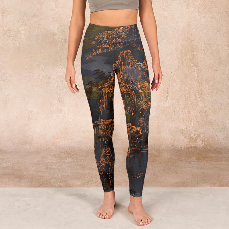 Golden Mountains Clouds Print Gym Leggings Women's Yoga Pants
