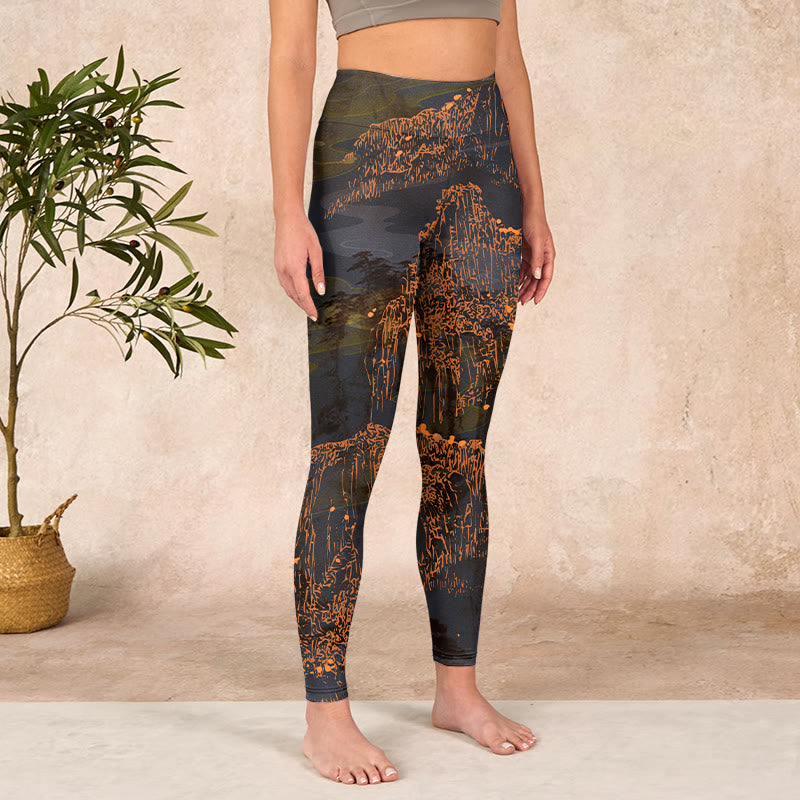 Golden Mountains Clouds Print Gym Leggings Women's Yoga Pants