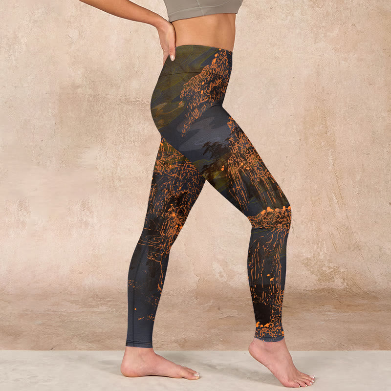 Golden Mountains Clouds Print Gym Leggings Women's Yoga Pants