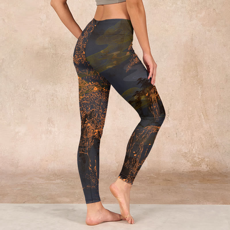 Golden Mountains Clouds Print Gym Leggings Women's Yoga Pants