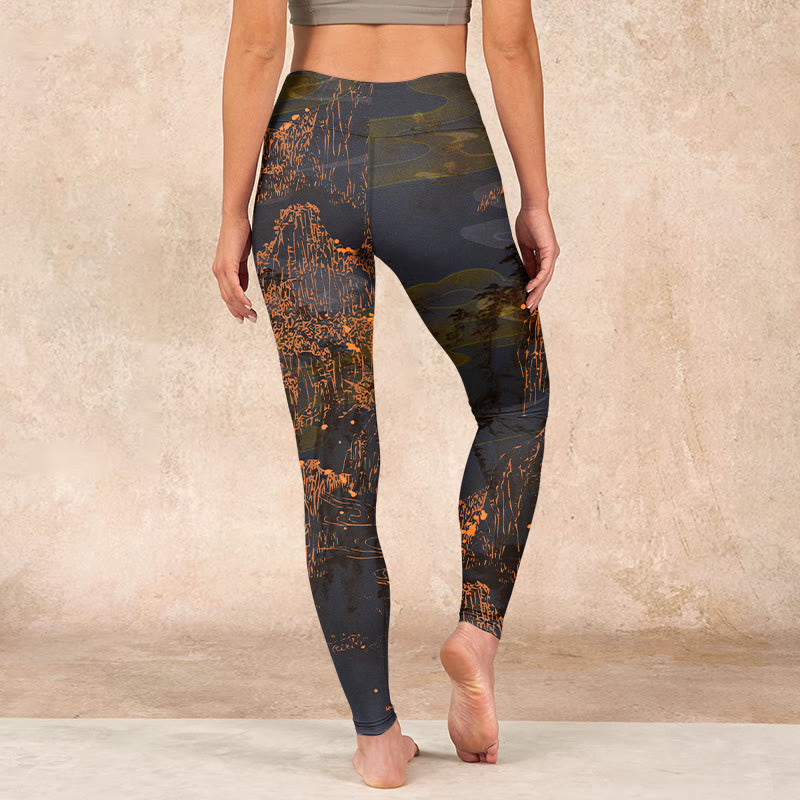 Golden Mountains Clouds Print Gym Leggings Women's Yoga Pants