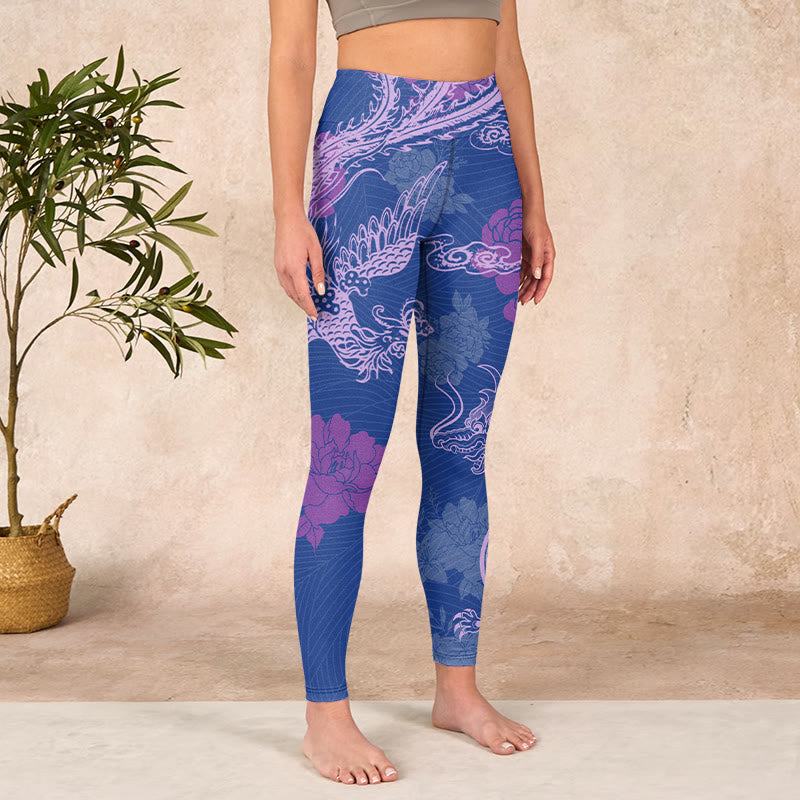 Purple Dragon Phoenix Flowers Print Gym Leggings Women's Yoga Pants