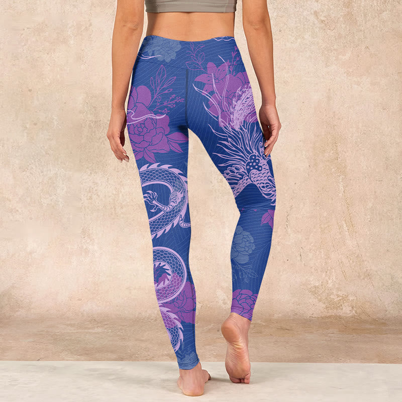 Purple Dragon Phoenix Flowers Print Gym Leggings Women's Yoga Pants