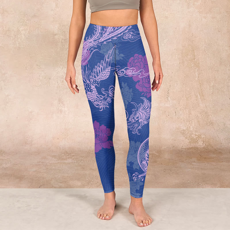 Purple Dragon Phoenix Flowers Print Gym Leggings Women's Yoga Pants