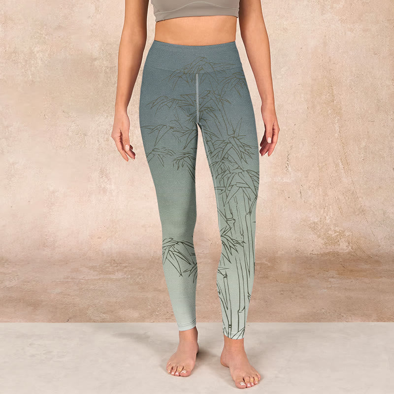 Bamboo Leaves Sketch Print Sports Leggings Women's Yoga Pants